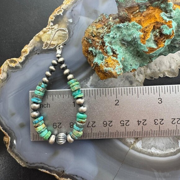 Sterling 4-6mm Navajo Pearl Southwester Style& 6mm Turquoise Bead Hoop Earrings - Picture 9 of 10